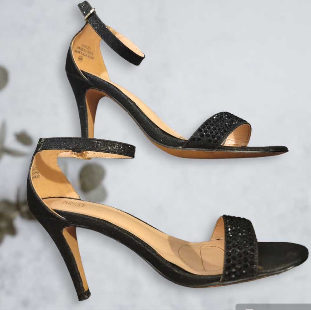 Left & Right Glitter sandal heels black with rhinestones. Sz 6.5